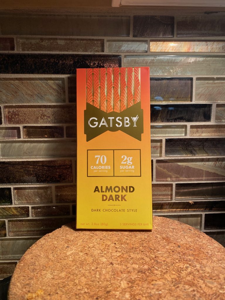 Showing a bar of GATSBY Almond Dark Chocolate Bar